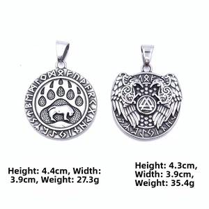 Detail of Viking grizzly bear and Valknut steel pendants with dimensions and weight specs