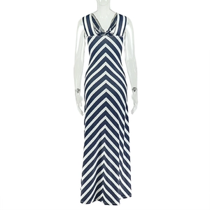 Detail of V-neck long dress with blue chevron stripes and open back tie feature