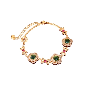 24K gold plated flower bracelet with green zircon and red butterfly accents for women