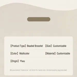 Detailed spec sheet for colorful handmade bodhi bracelet showing bead size and custom info
