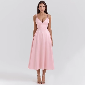 Detailed view of the elegant pink satin midi dress with V-neckline and waist tie design