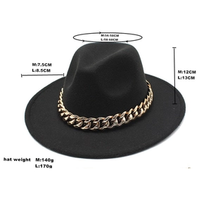 Size guide for black fedora hat with gold acrylic chain, showing brim and crown details