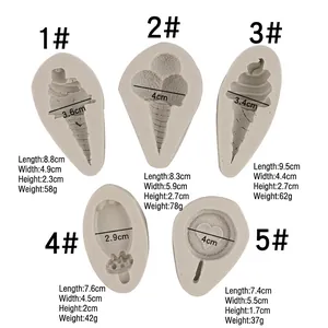 Five assorted silicone molds for ice cream cones and balloons with detailed dimensions