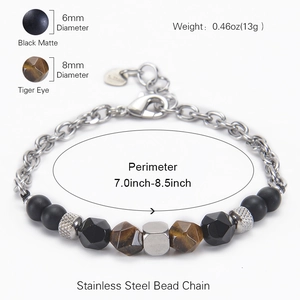 Bracciale da uomo in pietre nere opache e occhio di tigre con catena in acciaio inox