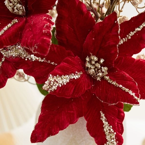 Poinsettia de Noël en velours rouge de 33cm avec paillettes dorées pour décoration