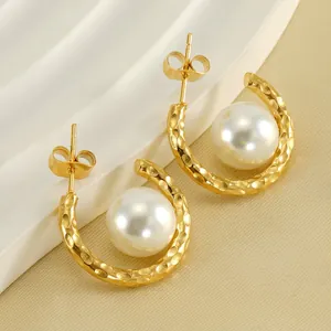 C-Shape Hoop Earrings 18K Gold Plated Stainless Steel Hammered Texture Artificial Pearl French Vintage Jewelry For Women