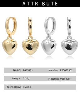 Detailed view of S925 sterling silver heart earrings in gold and silver finishes