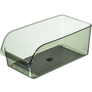 Transparent grey PET fridge organizer box with food-grade material and temperature icons