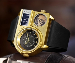 Detailed close-up of golden oversized watch case featuring multi-timezone world map dials