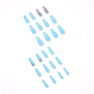 Sky blue coffin press on nails with full glitter crystals and gradient blue design