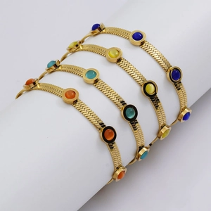 18K Gold Plated 304 Stainless Steel Snake Chain Bracelet With Colorful Round Stones For Women Elegant Blade Chain