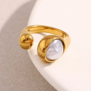 18K gold plated stainless steel open ring featuring a large pearl and snake head design