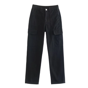 Women's black straight leg cargo pants with multi-pocket utility design on white background