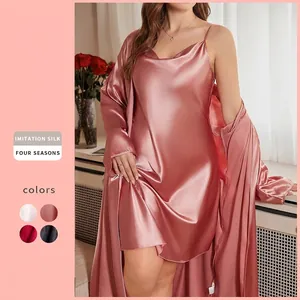 Plus Size Women Pajama Nightgown And Robe Imitation Satin Satin Sleepwear Loungewear V-Neck