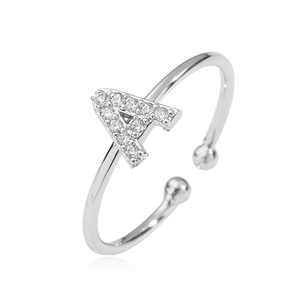 Minimalist silver open ring featuring letter A with sparkling cubic zirconia stones