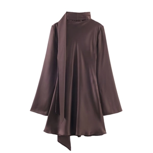Elegant dark brown satin long sleeve dress with high neck scarf design and silky texture
