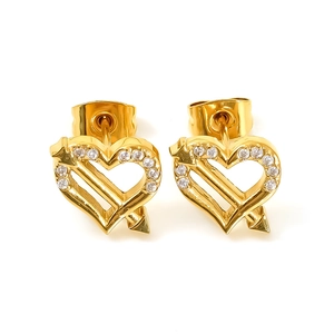 Elegant 18K gold plated heart and arrow studs with sparkling zircon stones