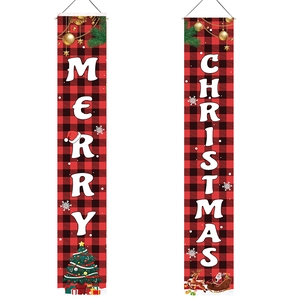 Vertical red and black buffalo plaid Christmas porch banners with Merry Christmas text