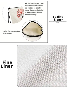 Detailed views of heart print linen makeup bag, alloy zipper and spacious interior