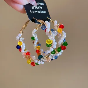 Bohemian Hoop Earrings With Multicolor Crystal Imitation Artificial Pearl And Silver Earring Post Chic Style For Women