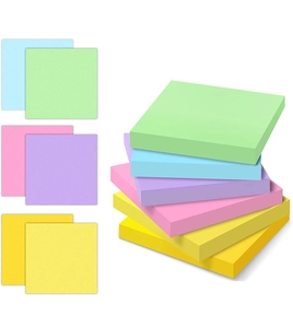 Colorful square sticky notes stack showing blue, green, pink, purple, and yellow paper