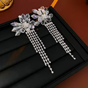 Silver needle crystal flower tassel earrings with five rows of sparkling rhinestones
