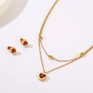 Stainless Steel Double Layer Heart Necklace And Earrings For Women Gold Plated Glass Gemstone Jewelry