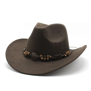 Ethnic style dark brown wool felt western cowboy hat with wooden bead decorative band