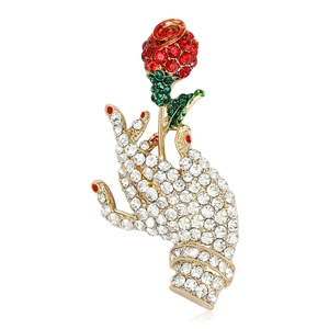 Creative Art Design Hand Holding Rose Brooch Elegant Alloy Rhinestone Floral Pin For Women Fashion Clothing Accessories Gift