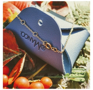 Nahaufnahme der blauen Leder-Schmucktasche mit goldenem Kettenarmband auf Herbstlaub-Hintergrund