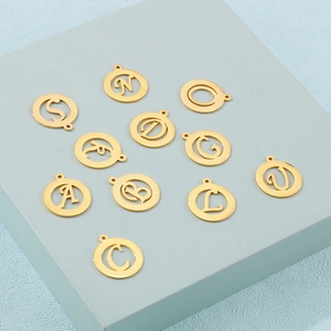 Golden stainless steel hollow round alphabet pendants for DIY necklaces and jewelry