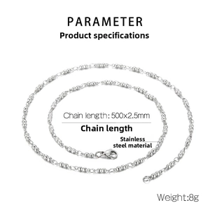 Detail view of 500x2.5mm stainless steel beaded chain necklace with lobster clasp closure