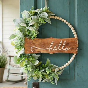 Couronne en perles de bois style ferme avec eucalyptus et panneau hello sur une porte