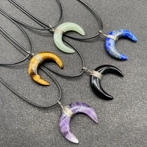 Crescent Moon Pendant Necklace Natural Gemstone Crystal Wire Wrapped Copper Healing Stone Boho Jewelry For Women