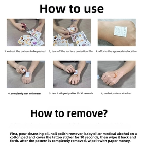 Step-by-step instructions for applying pink denim temporary tattoos with flower patterns
