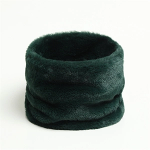 Detail shot of plush dark green faux rabbit fur neck warmer with soft pile texture