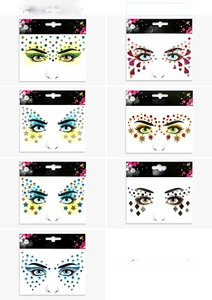 Detailed view of various glitter face jewel stickers for party and festival makeup
