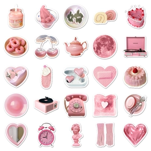 Detailed flat lay of 25 pink aesthetic stickers including retro camera and dessert icons