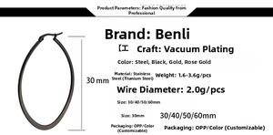 Size chart for stainless steel oval earrings with vacuum plating in multiple dimensions