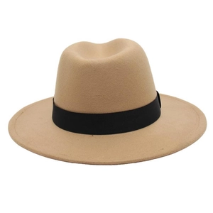 Detailed side view of classic camel felt fedora hat featuring a wide black ribbon band