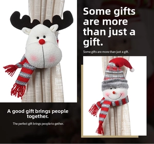 Detail of plush Christmas elk and snowman curtain tiebacks with striped scarves and hats