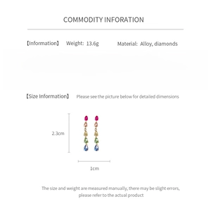 Size information and material detail of teardrop rhinestone tassel earrings in alloy