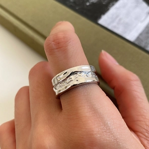 French style 925 silver irregular lava ring with double bands and sparkling zircon inlay
