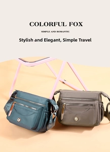 Detail of multi-layered nylon crossbody bags with zip pockets and branded strap