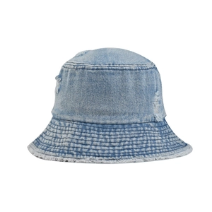 Bucket Hat Vintage Washed Denim Distressed Frayed Edge Cotton Sun Protection Outdoor Streetwear Unisex