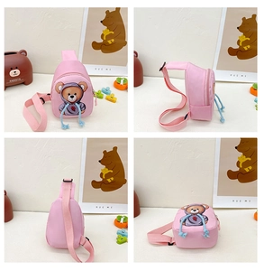 Pink cartoon bear kids chest bag showing front, side and back views in a collage