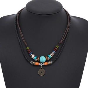 Retro multi-layer necklace with turquoise beads and antique bronze coin pendant