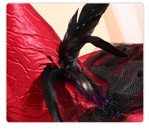 Detailed view of red metallic fabric, black feathers and mesh on a Halloween witch hat