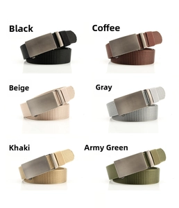 Detailed grid showing six color options for canvas woven belts with metallic slide buckles