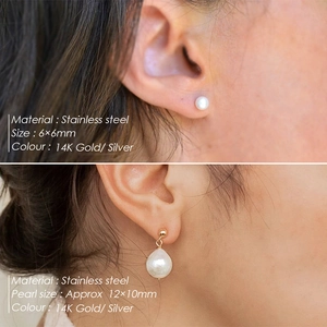 14K gold plated stainless steel freshwater pearl stud and drop earrings set